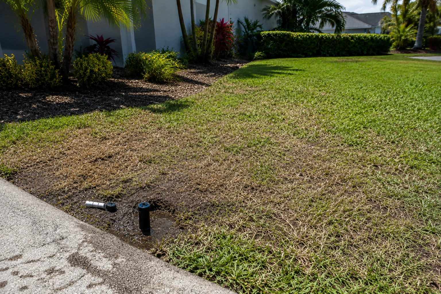 Irrigation repair photo showing sprinkler heads, wet soil, and dry grass needing better water coverage.
